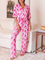 Women's Bow Knot Print Lapel Collar Short Sleeve and Pants Pajamas Set