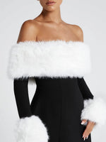 Women's Off Shoulder Fur Trim A Line Mini Dress
