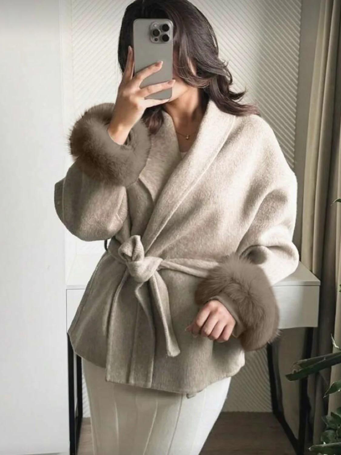 Women's Elegant Wrap Fur Trim Coat