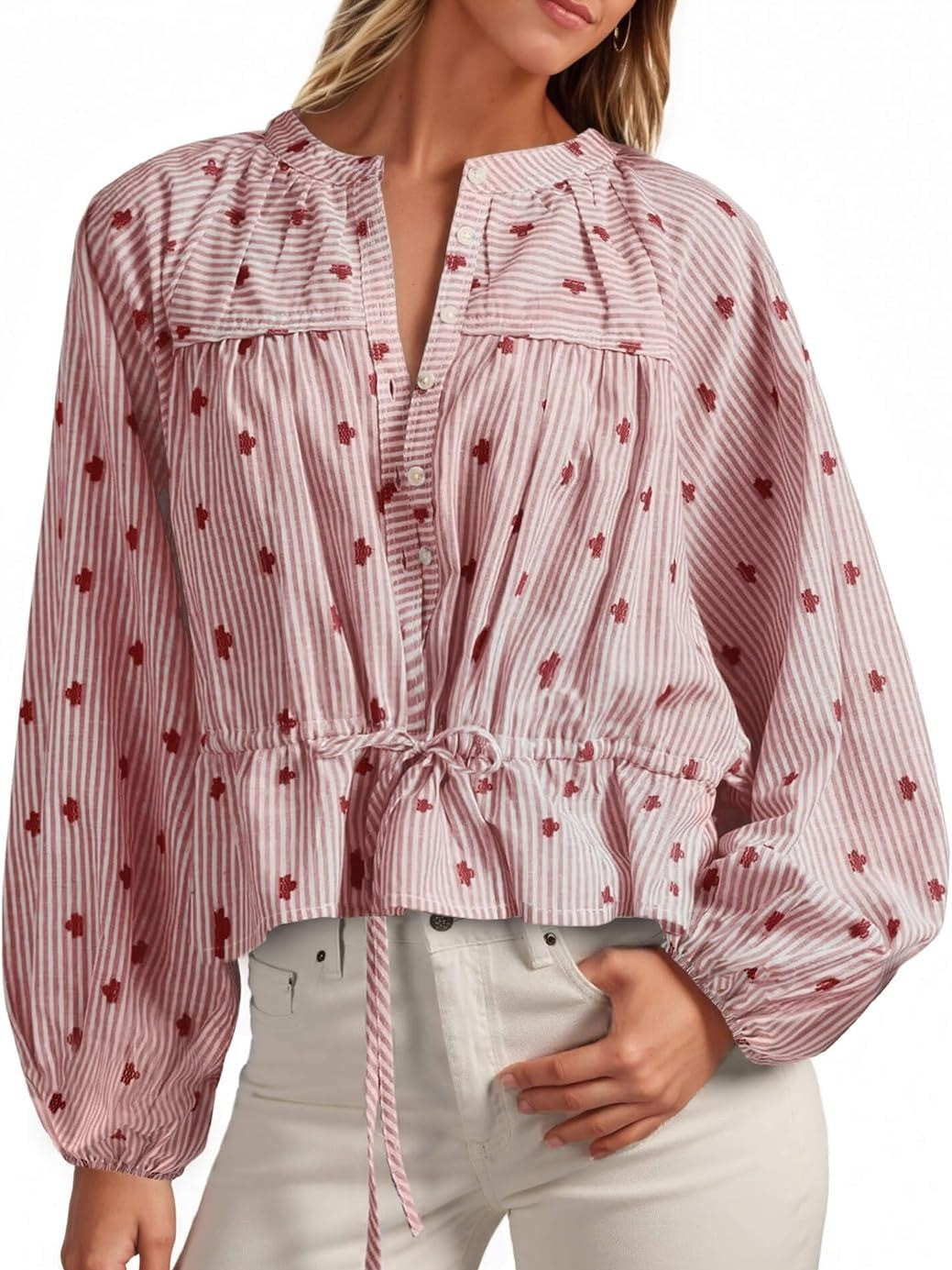 Women's Balloon Sleeve Tie-Waist Striped Top