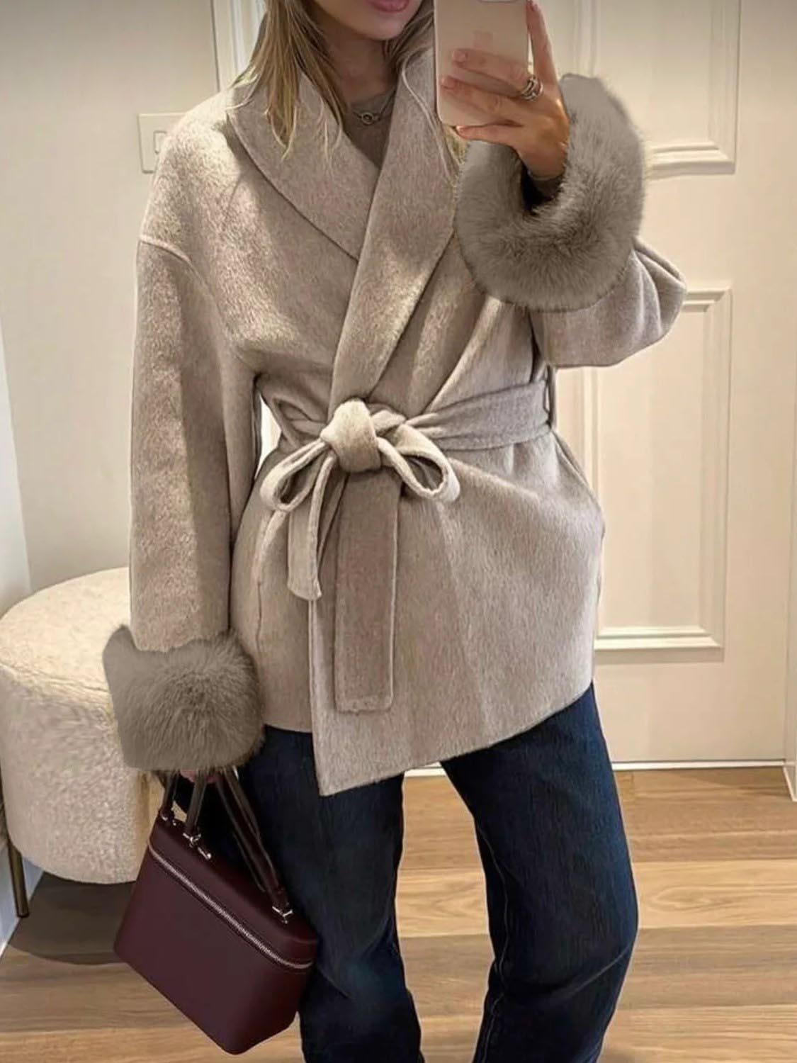 Women's Elegant Wrap Fur Trim Coat