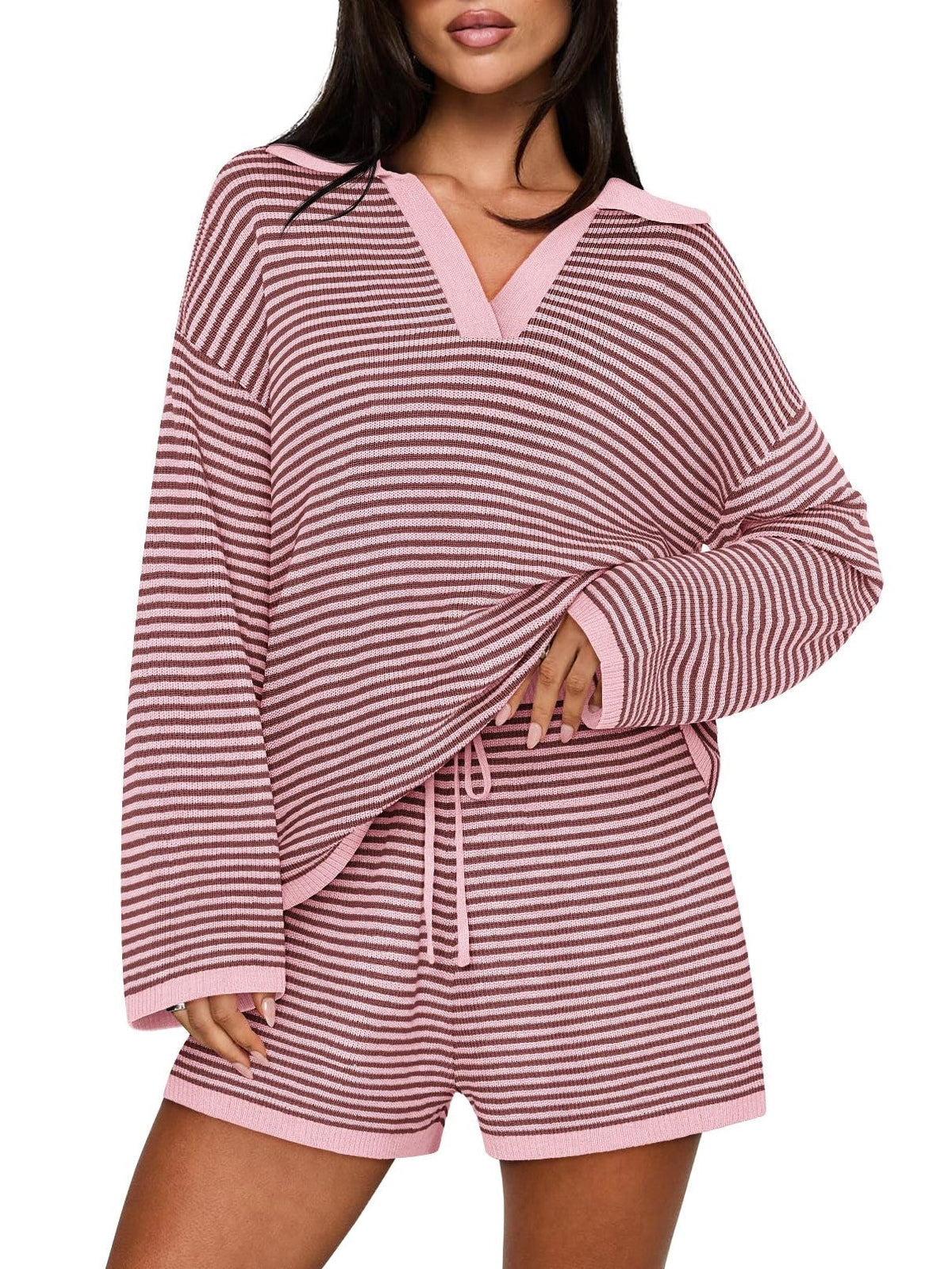 Women's Spring Striped Color-Block Lapel Two-Piece Set