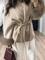 Women's Elegant Wrap Fur Trim Coat