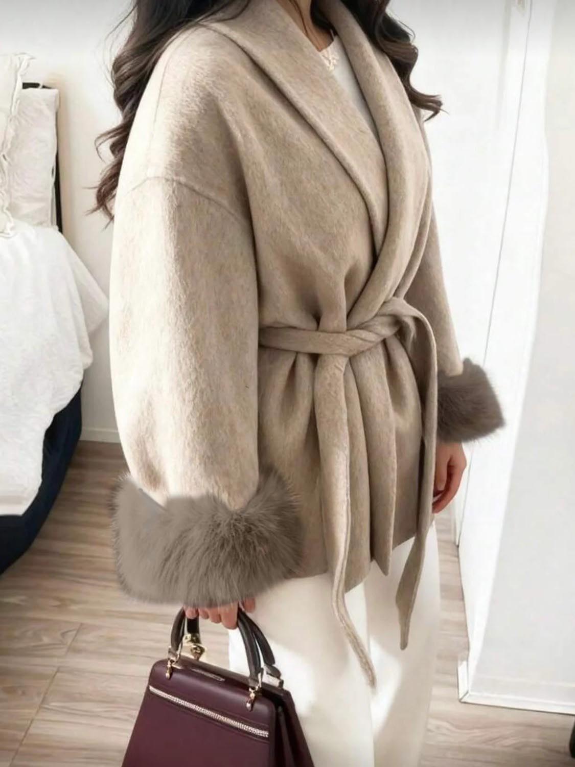 Women's Elegant Wrap Fur Trim Coat