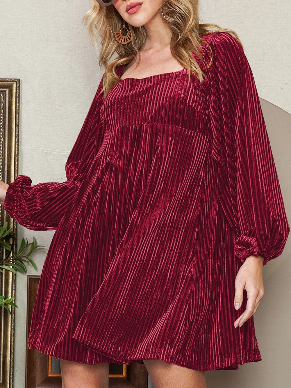 Women's Square Neck Tie Back Ribbed Dress