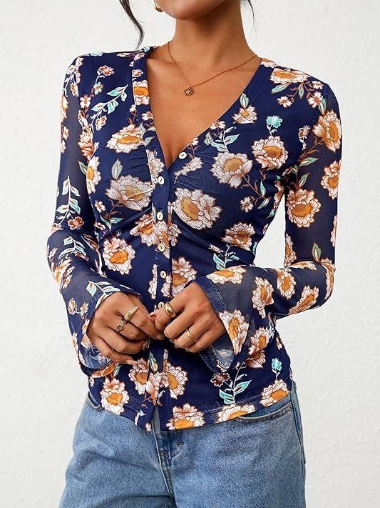 Women's Bohemian Garden Flower Ruched Button Top