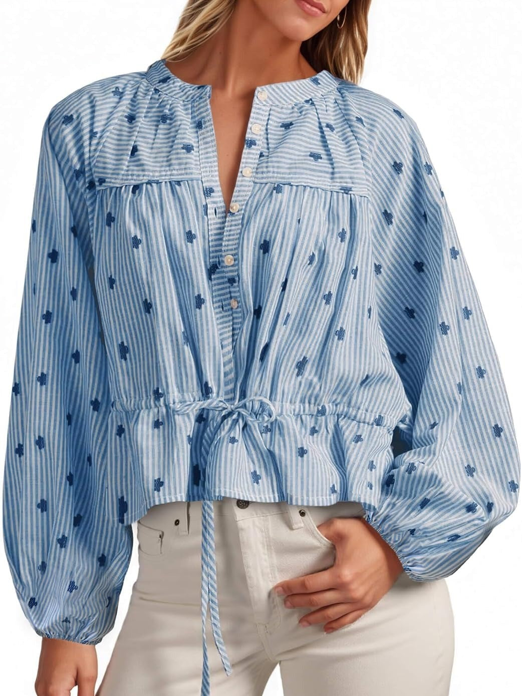 Women's Balloon Sleeve Tie-Waist Striped Top