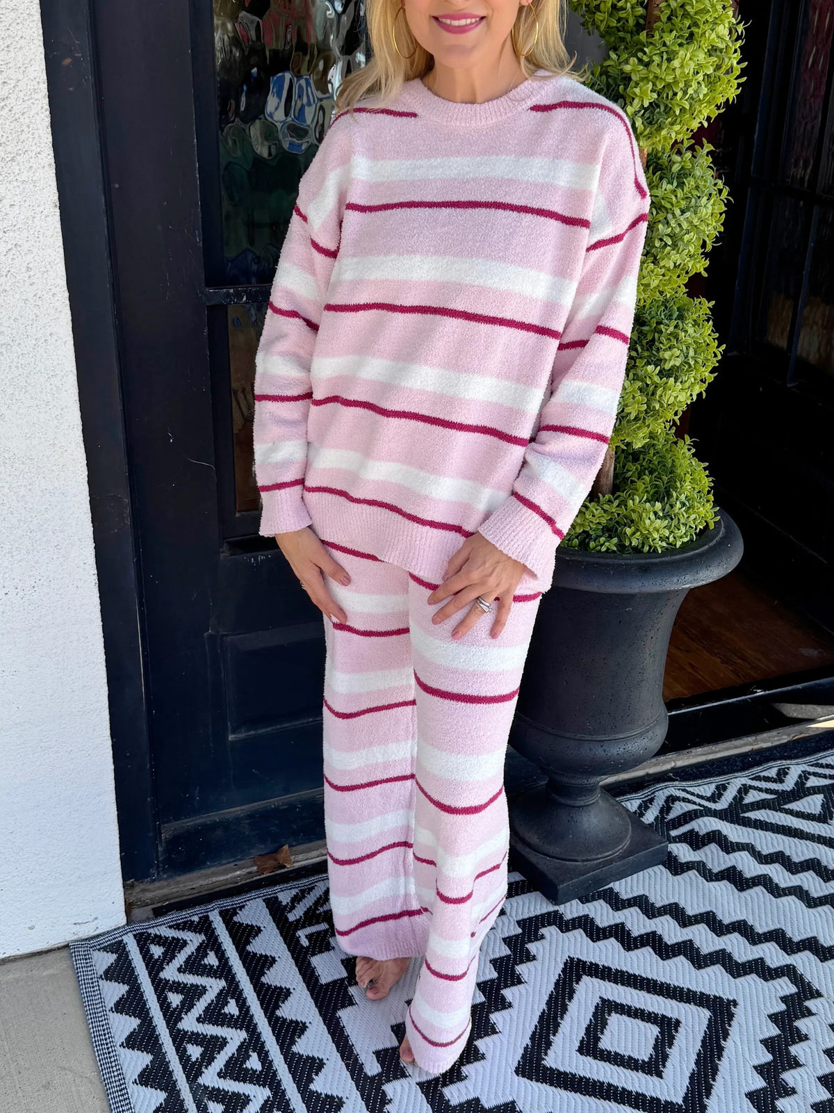 Women's Cozy Striped Plush Lounge Two-Piece Set