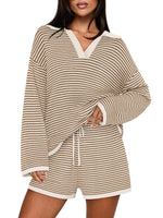 Women's Spring Striped Color-Block Lapel Two-Piece Set