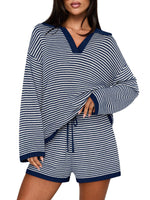 Women's Spring Striped Color-Block Lapel Two-Piece Set
