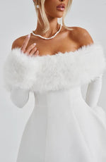 Women's Off Shoulder Fur Trim A Line Mini Dress