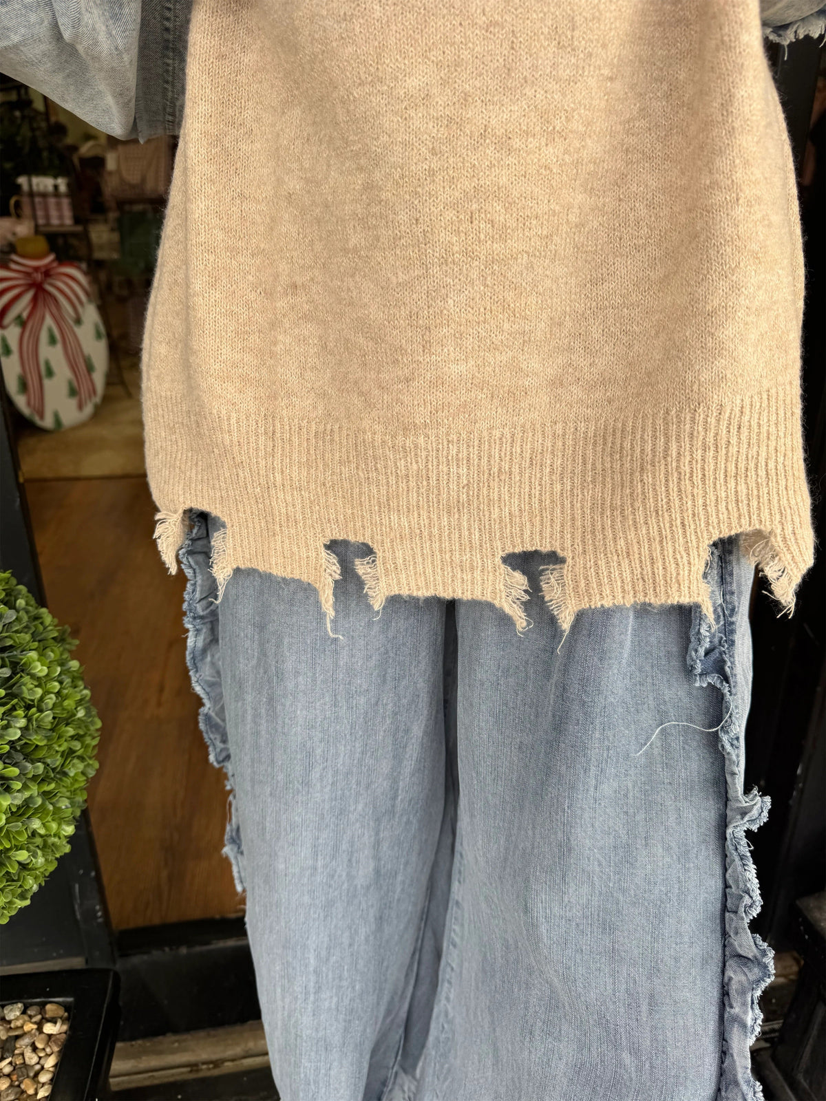 Women's Retro Distressed Heart Denim-Paneled Slouchy Sweater
