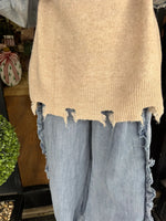 Women's Retro Distressed Heart Denim-Paneled Slouchy Sweater