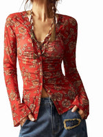 Women's Bohemian Garden Flower Ruched Button Top