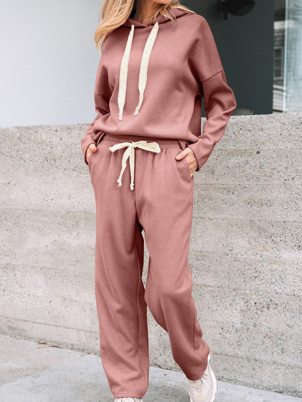 Women's Lace Drawstring Oversized Hoodie Two-Piece Set