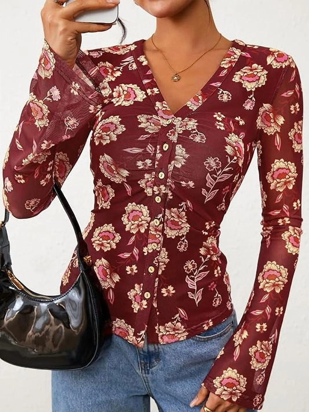 Women's Bohemian Garden Flower Ruched Button Top