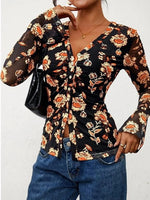Women's Bohemian Garden Flower Ruched Button Top