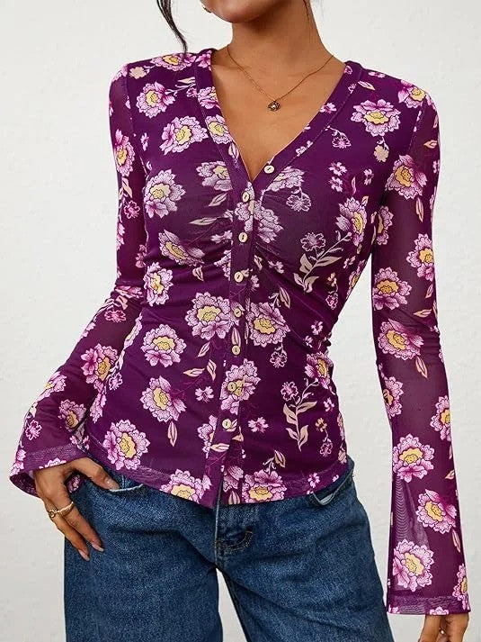 Women's Bohemian Garden Flower Ruched Button Top
