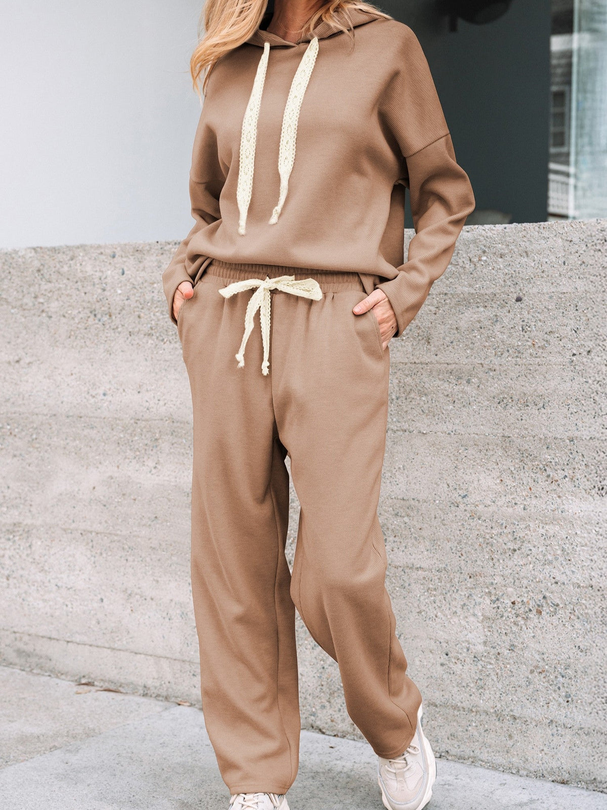 Women's Lace Drawstring Oversized Hoodie Two-Piece Set