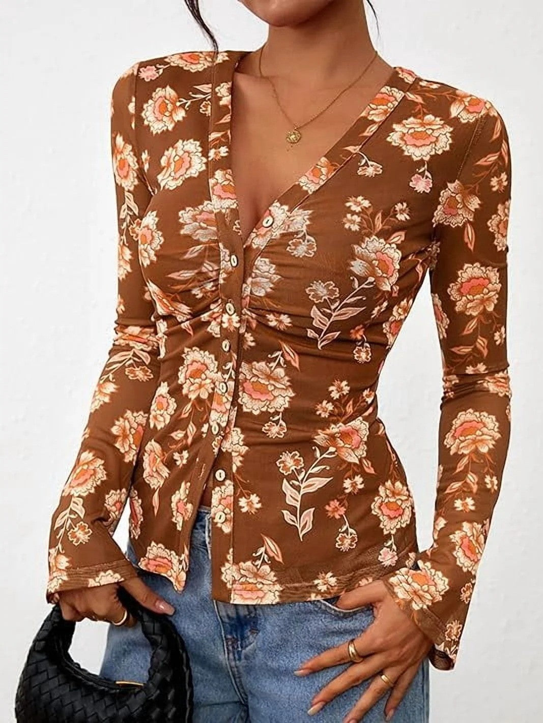 Women's Bohemian Garden Flower Ruched Button Top