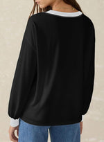 Women's Loose V-Neck Long Sleeve Colorblock T-shirt