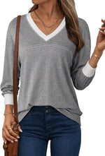 Women's Loose V-Neck Long Sleeve Colorblock T-shirt
