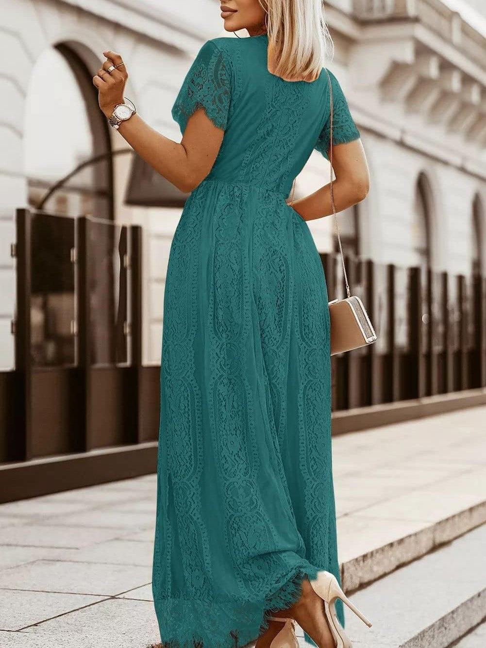 Women's V-Neck Short Sleeve Floral Lace Dress