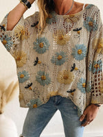 Women's Batwing Sleeve Print Hollow-Out Knit Top