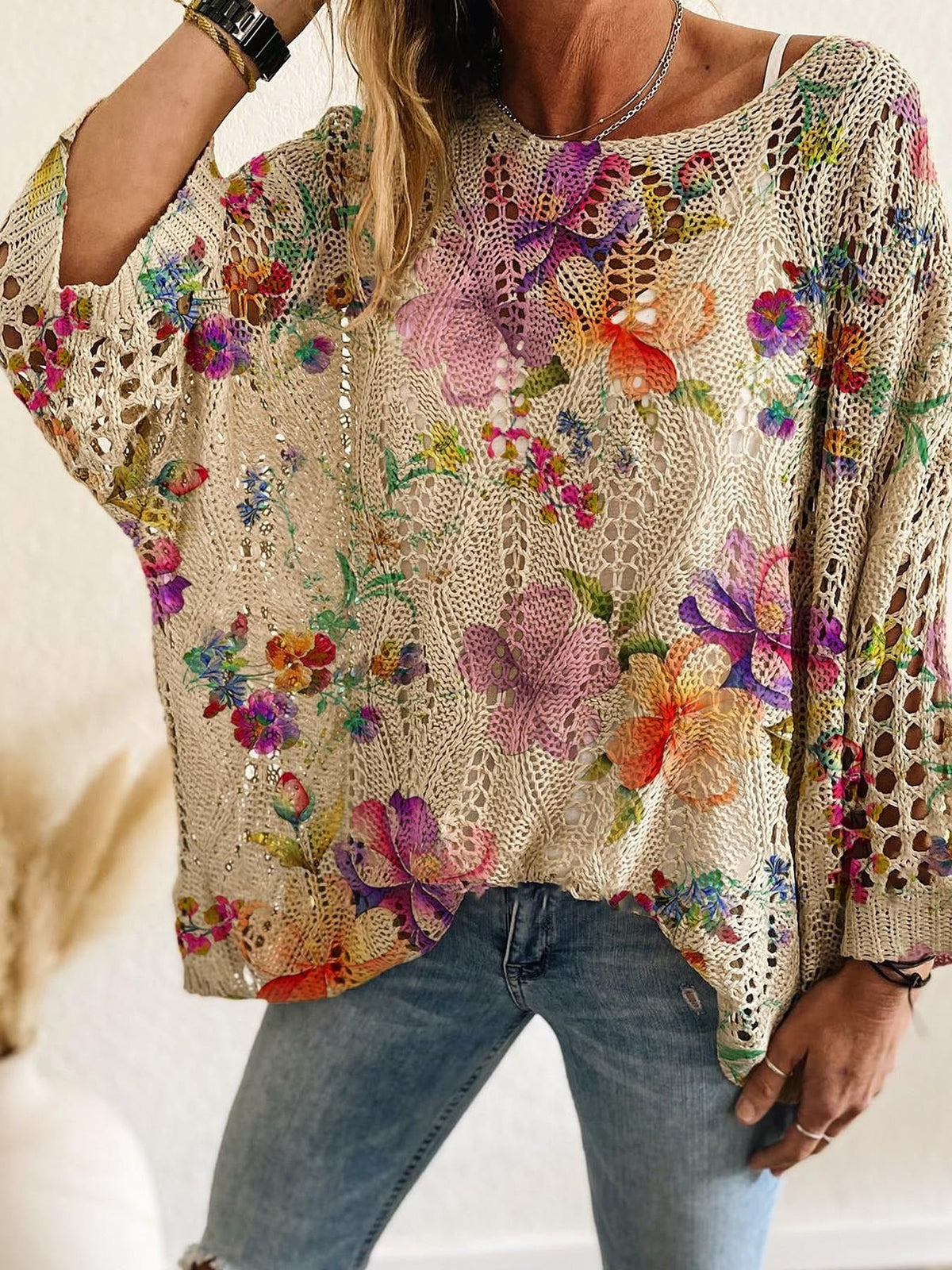 Women's Batwing Sleeve Print Hollow-Out Knit Top