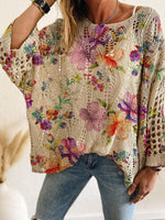 Women's Batwing Sleeve Print Hollow-Out Knit Top