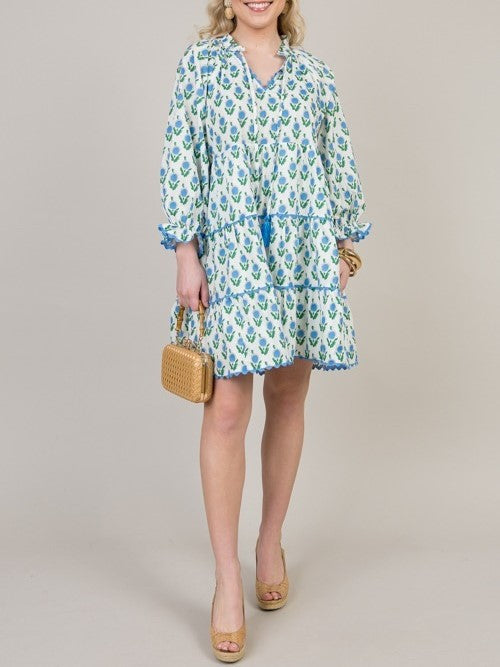 Women's Floral Print V Neck 3/4 Sleeve Dress