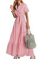 Women's Short Sleeve Striped Tie Waist Maxi Dress