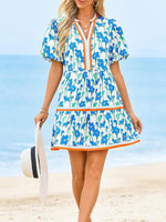 Women's V Neck Floral Dress Short Puff Sleeve Boho Dresses