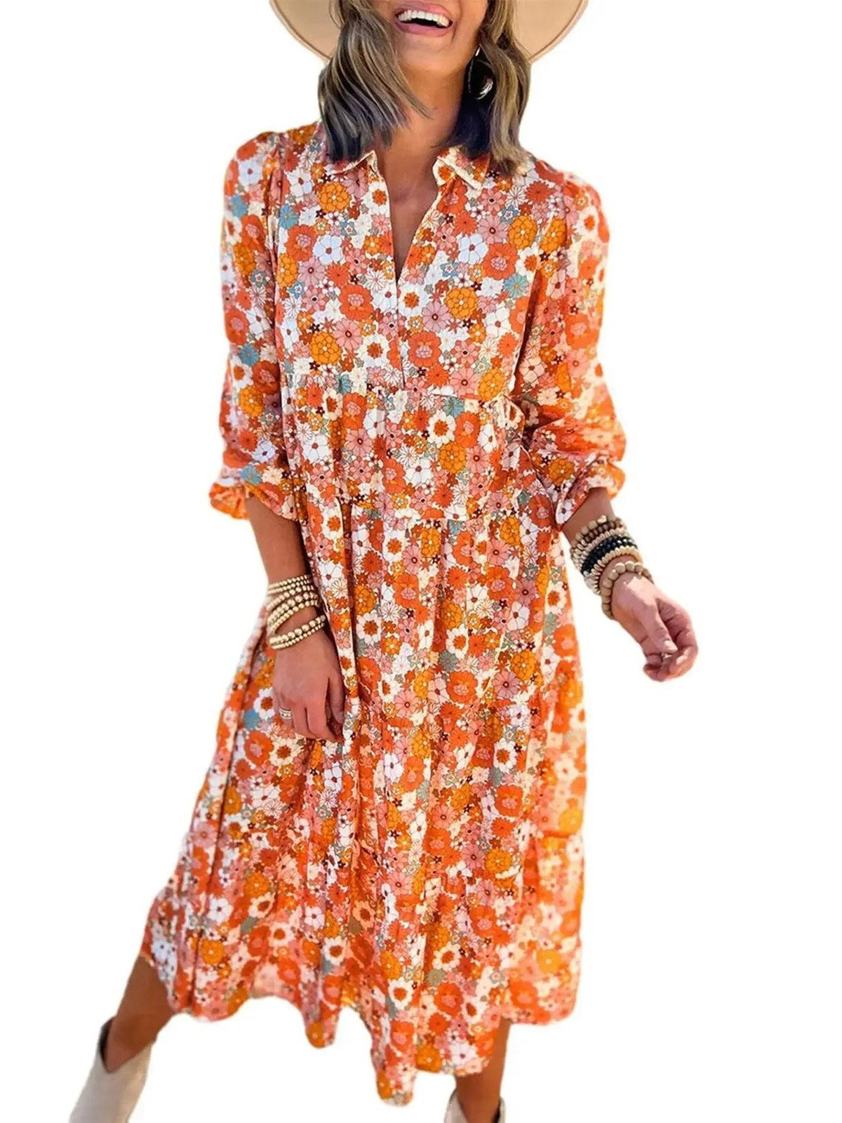 Women's Casual Bohemian Floral V-Neck Long Puff Sleeve Midi Dress