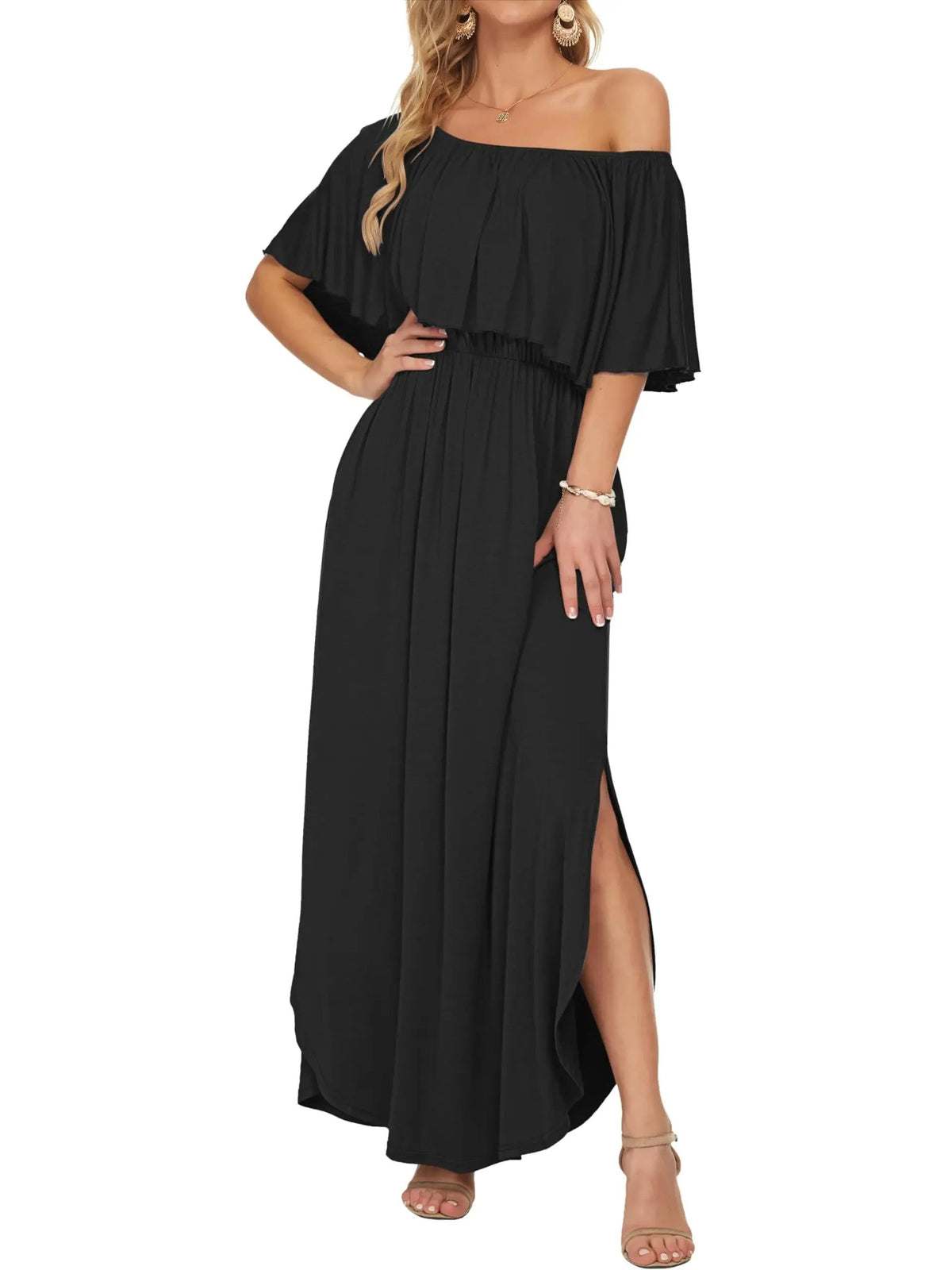 Women's Off-Shoulder Ruffled Side-Slit Maxi Dress with Pockets