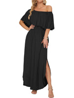 Women's Off-Shoulder Ruffled Side-Slit Maxi Dress with Pockets