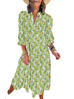 Women's Casual Bohemian Floral V-Neck Long Puff Sleeve Midi Dress
