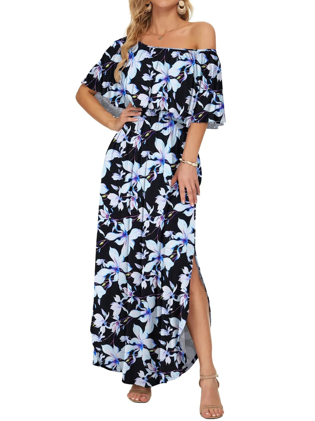 Women's Off-Shoulder Ruffled Side-Slit Maxi Dress with Pockets