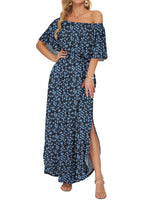 Women's Off-Shoulder Ruffled Side-Slit Maxi Dress with Pockets