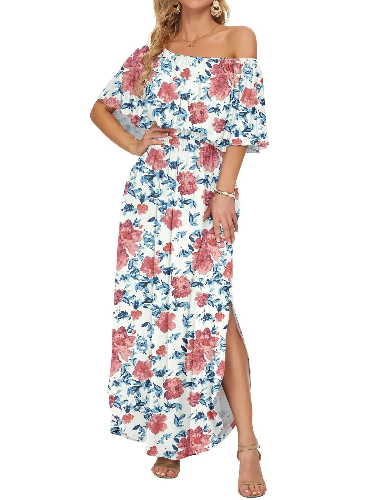 Women's Off-Shoulder Ruffled Side-Slit Maxi Dress with Pockets