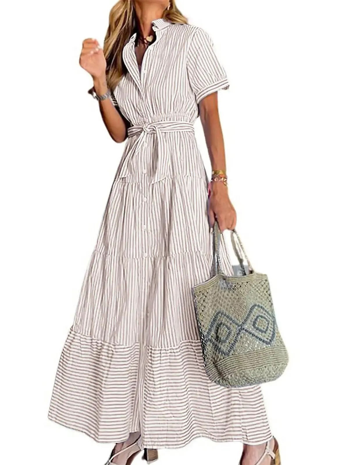 Women's Short Sleeve Striped Tie Waist Maxi Dress
