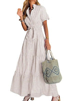 Women's Short Sleeve Striped Tie Waist Maxi Dress
