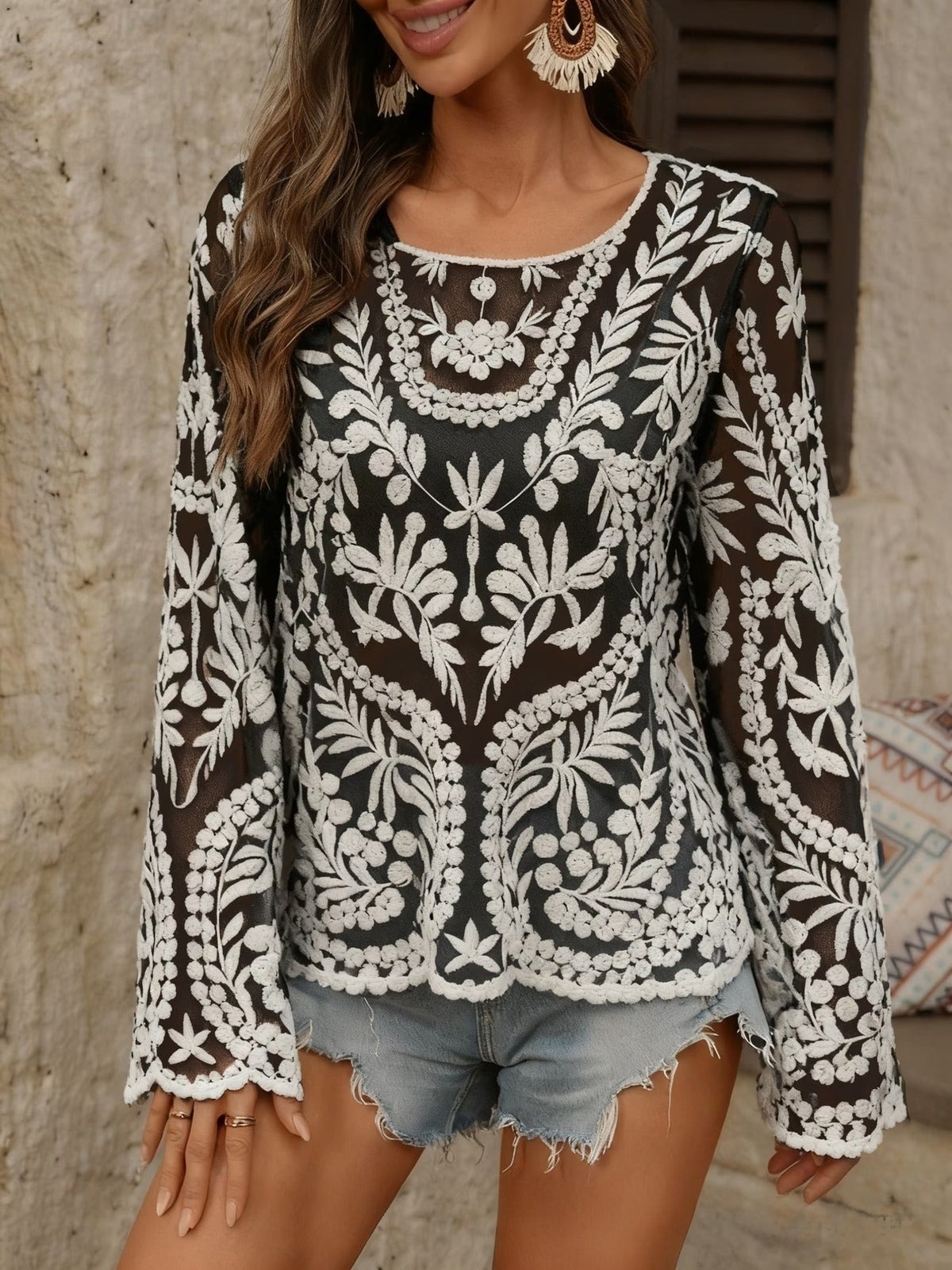 Women's Boho Sheer Long Sleeve Top