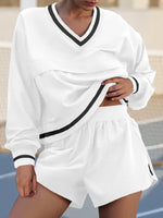 Workout V Neck Sweatshirt High Waist Shorts Sets 2 Piece Outfits