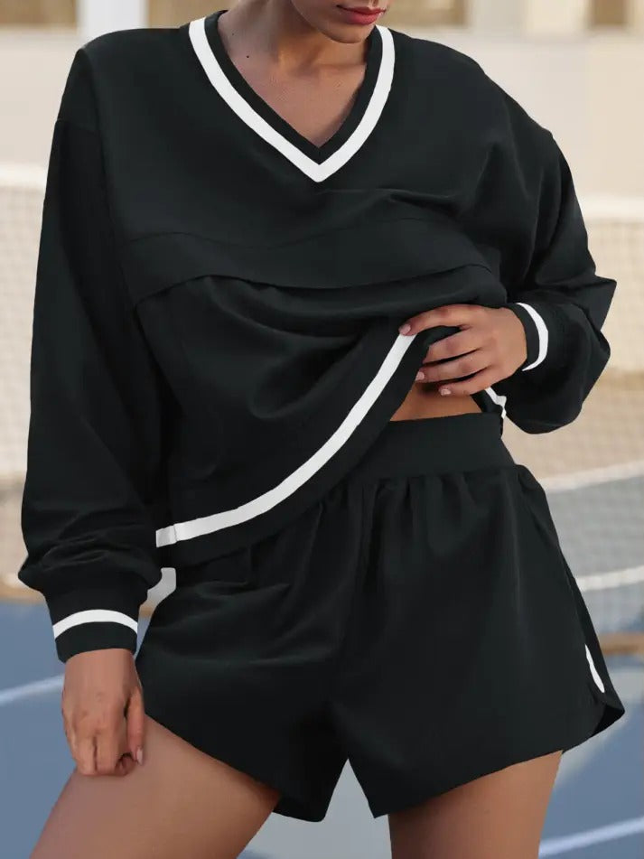 Workout V Neck Sweatshirt High Waist Shorts Sets 2 Piece Outfits