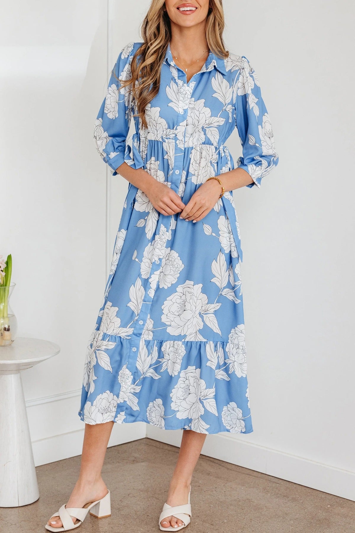 Women's Floral Print 3/4 Sleeve Ruffle Hem midi Dress