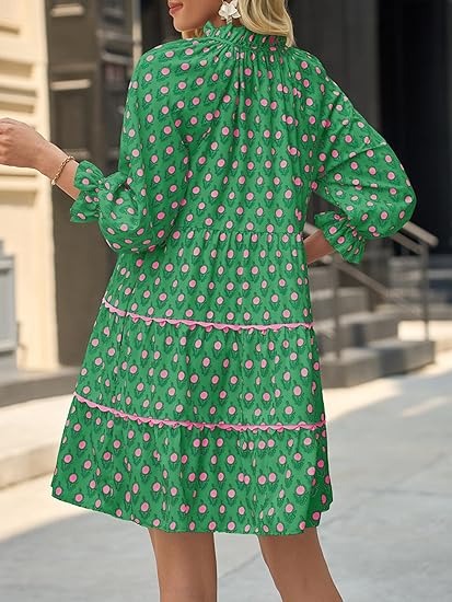 Women's Floral Ruffle V Neck Boho Babydoll Dresses with Pockets