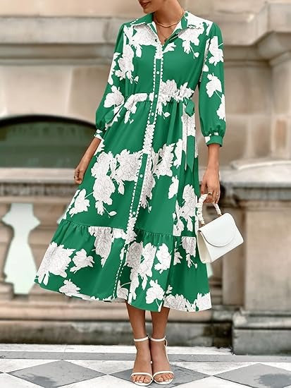 Women's Floral Print 3/4 Sleeve Ruffle Hem midi Dress