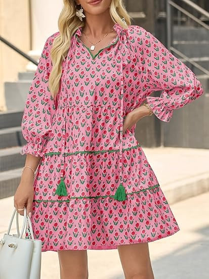 Women's Floral Ruffle V Neck Boho Babydoll Dresses with Pockets