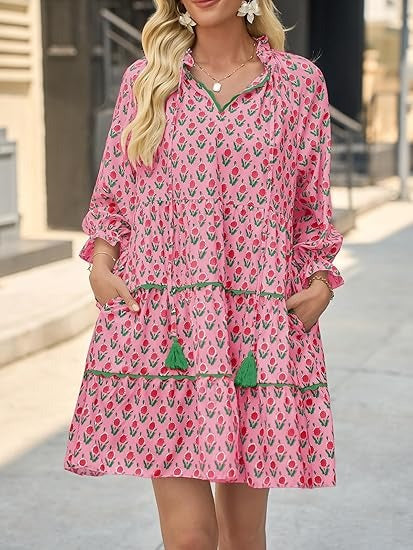 Women's Floral Ruffle V Neck Boho Babydoll Dresses with Pockets